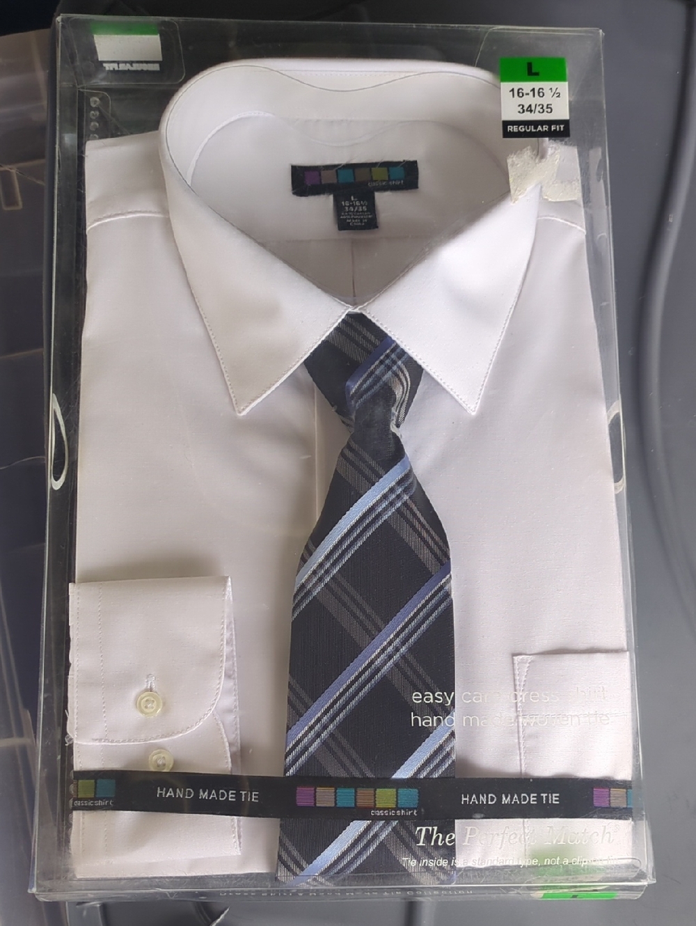 Classic White Men's Dress Shirt with Blue & Black Plaid Full Tie New In Box